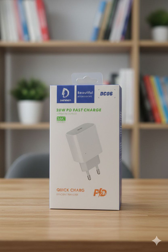 شارژر دیواری PD و فست 20W تک پورت DENMEN مدل DC06 همراه با کابل