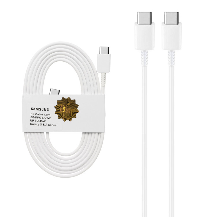 کابل شارژ 1.8 متری PD و فست SAMSUNG Type-C to Type-C 45W - سفید - درجه یک