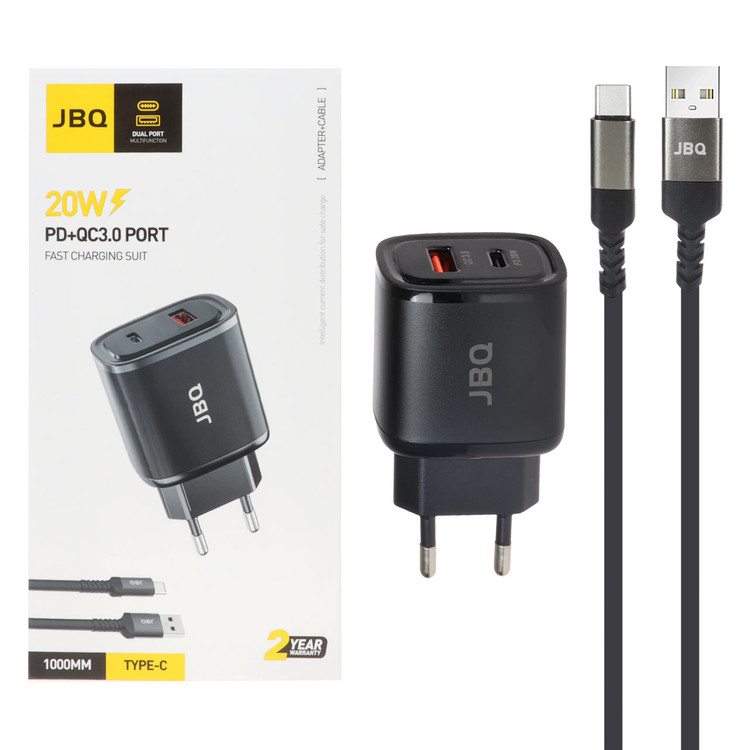شارژر دیواری فست و PD دو پورت JBQ مدل HC-NP20 20W همراه با کابل Type-C - مشکی
