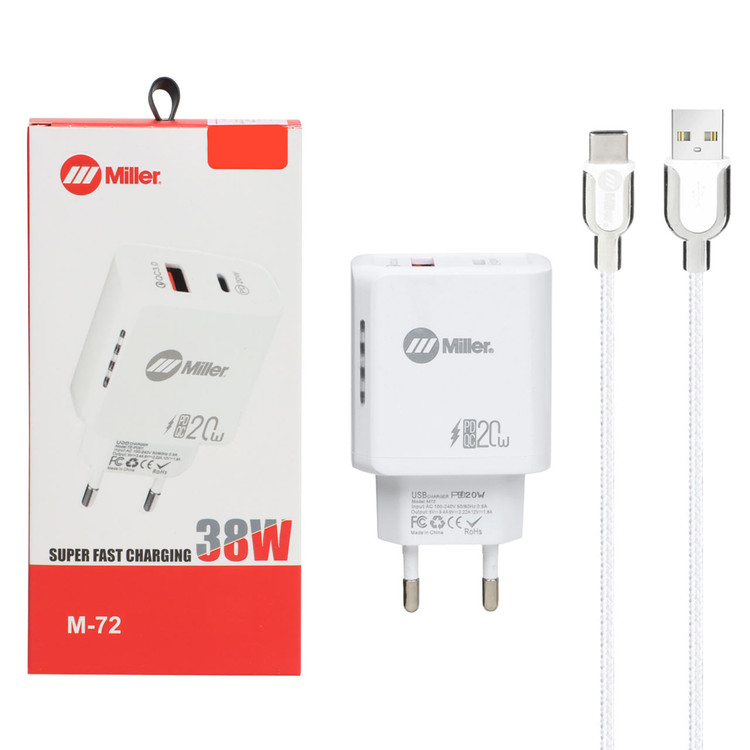 شارژر دیواری سوپر فست و PD دو پورت Miller مدل M-72 38W به همراه کابل شارژ Type-C - سفید