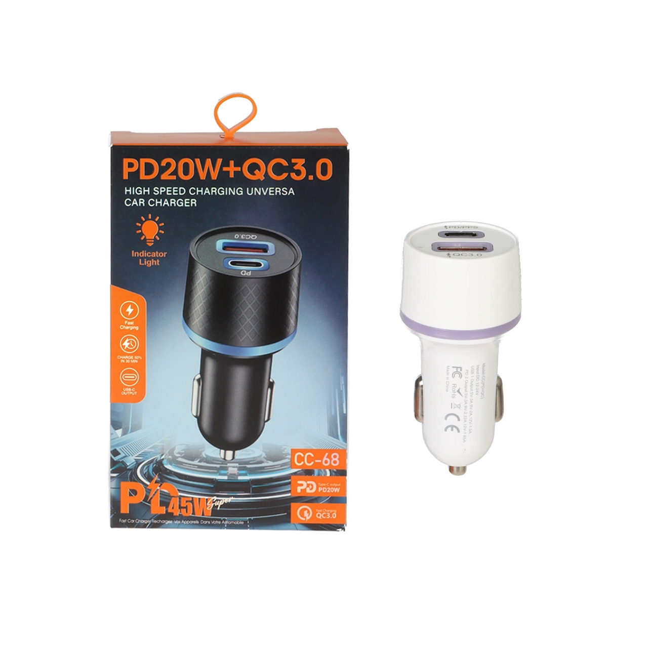 شارژر فندکی PD و فست دو پورت مدل CC-68 45W - سفید