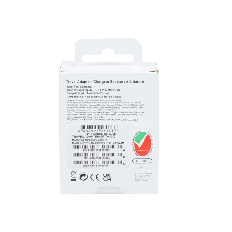 شارژر دیواری سه پین SAMSUNG 25W ch-hi+ TA800 ( فست و PD) سفید