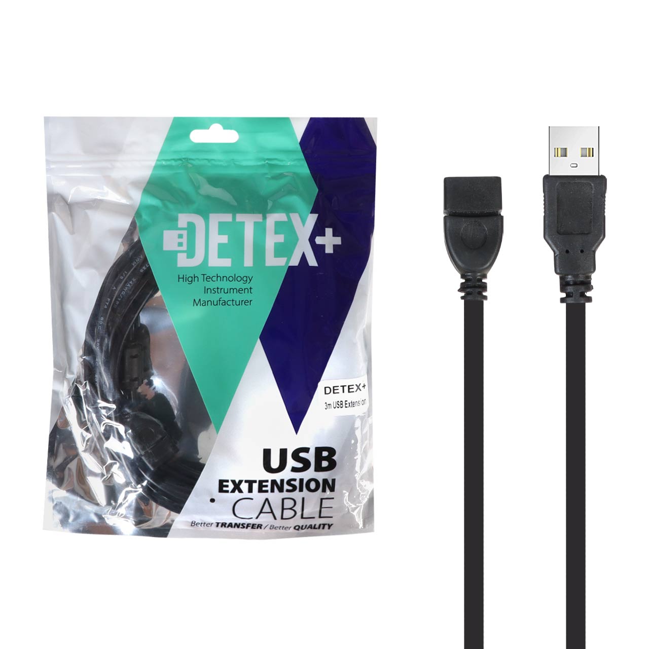 کابل افزایش طول 3 متری DETEX+ USB - مشکی